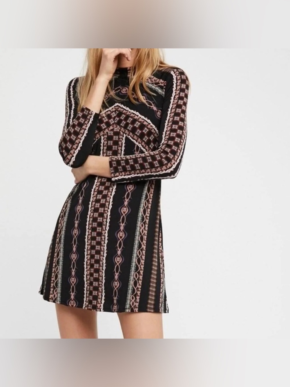 Free People Size XS Stella Graphic Print Black Combo Mini Dress